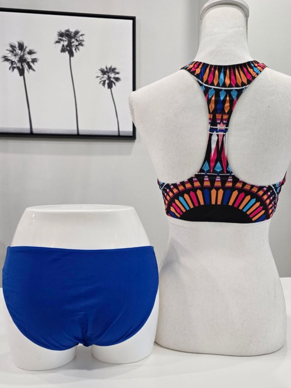 Tribal Print Bikini Set ✦ High-Neck Racerback Blue Bottoms ✦ Adjustable Stretch - Picture 4 of 8